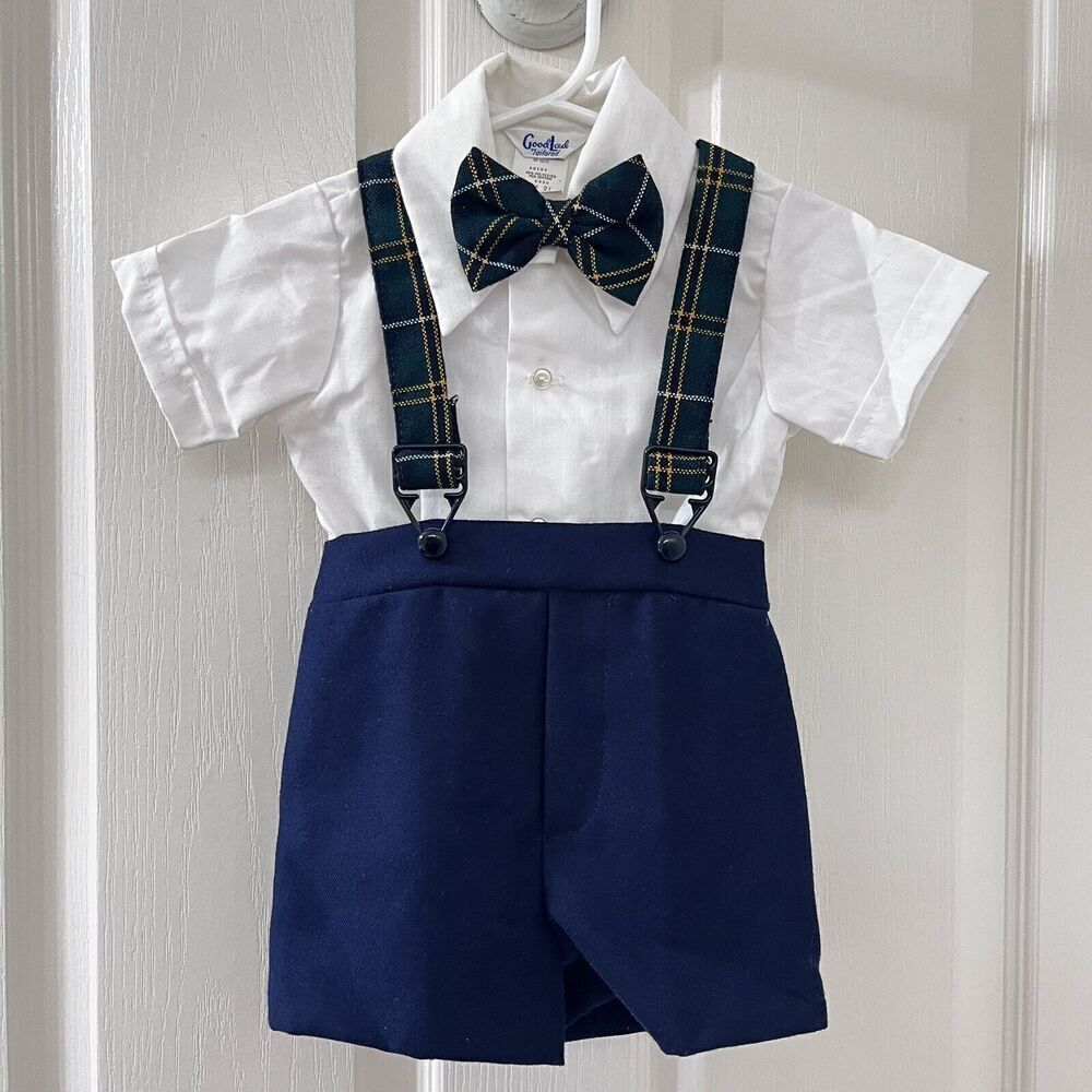 Vintage Good Lad Tailored Suspender Shorts Top Bow Tie 2-Pc Set Boys Size 2T